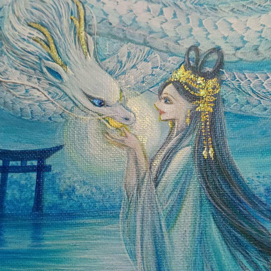 No.517 F3キャンバス　アクリル画　弁財天　弁天様　白龍　白蛇　開運絵画