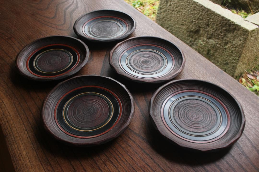 村瀬治兵衛作！極上刳り貫き地に風情ある独楽塗の美しいお皿5点（検京塗銘々皿菓子皿