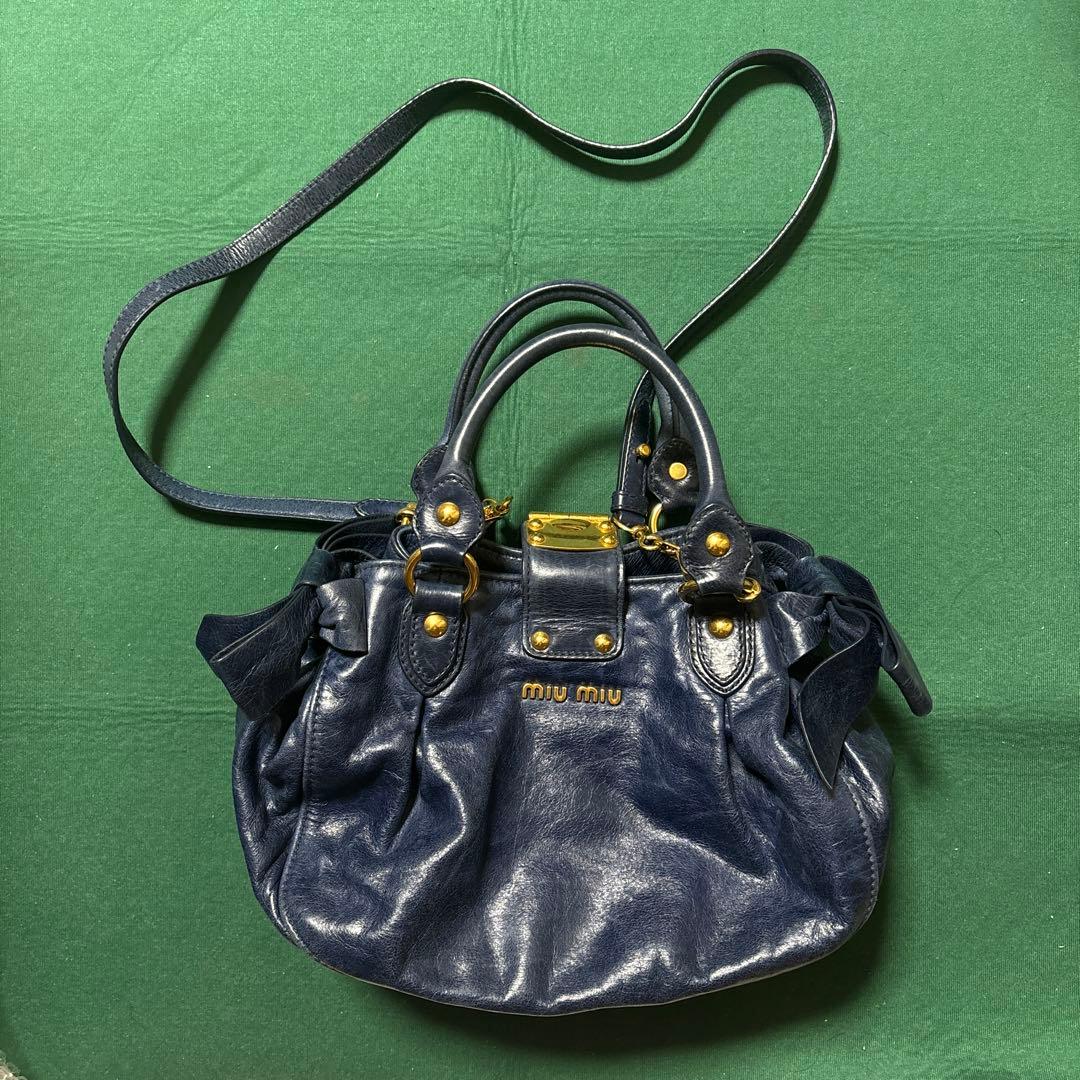 miu miu VITELLO LUX ハンドバッグ 2way リボン ブルー