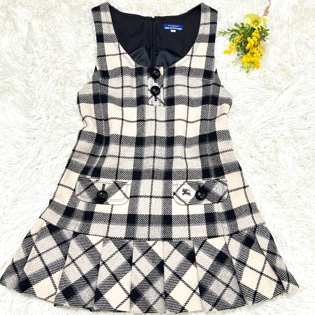 バーバリーブルーレーベル　チェックミニワンピース　プリーツ　ロゴ刺繍　38 M