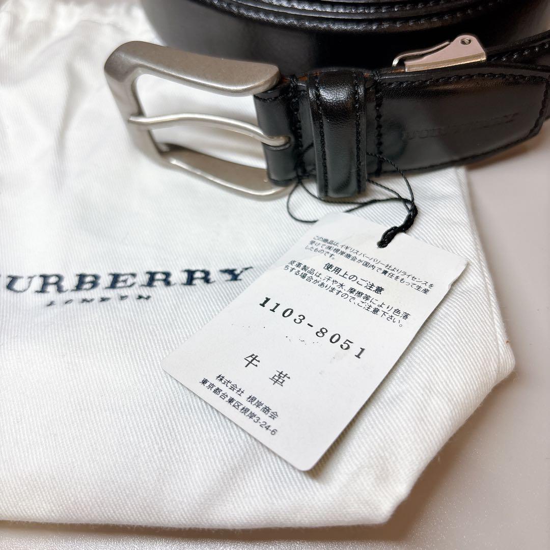 未使用 タグ付き BURBERRY 牛革 レザー ベルト 黒 袋付き