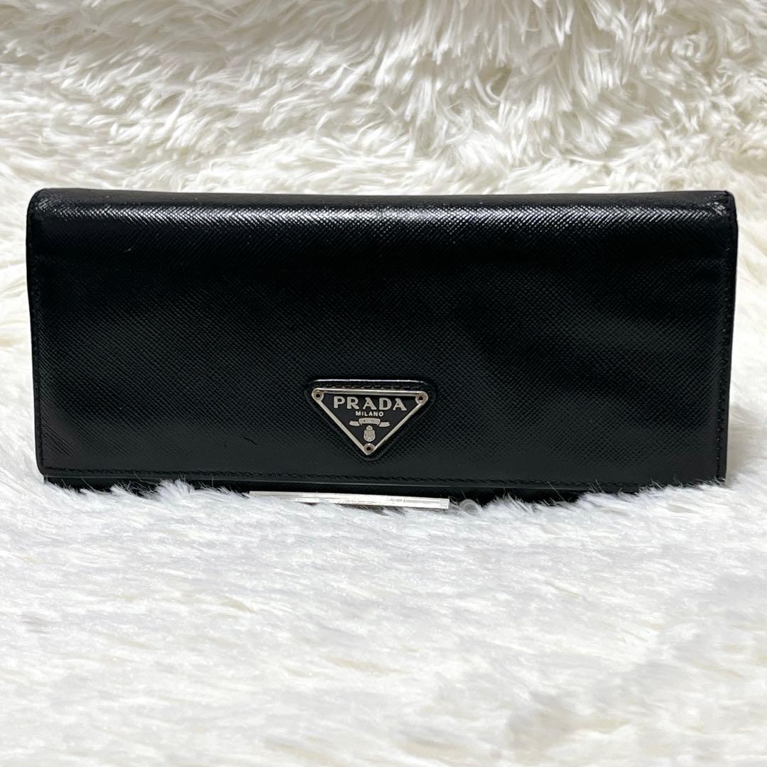 良品✨プラダ 2つ折り長財布 サイフィアーノレザー 三角プレート トライアングル