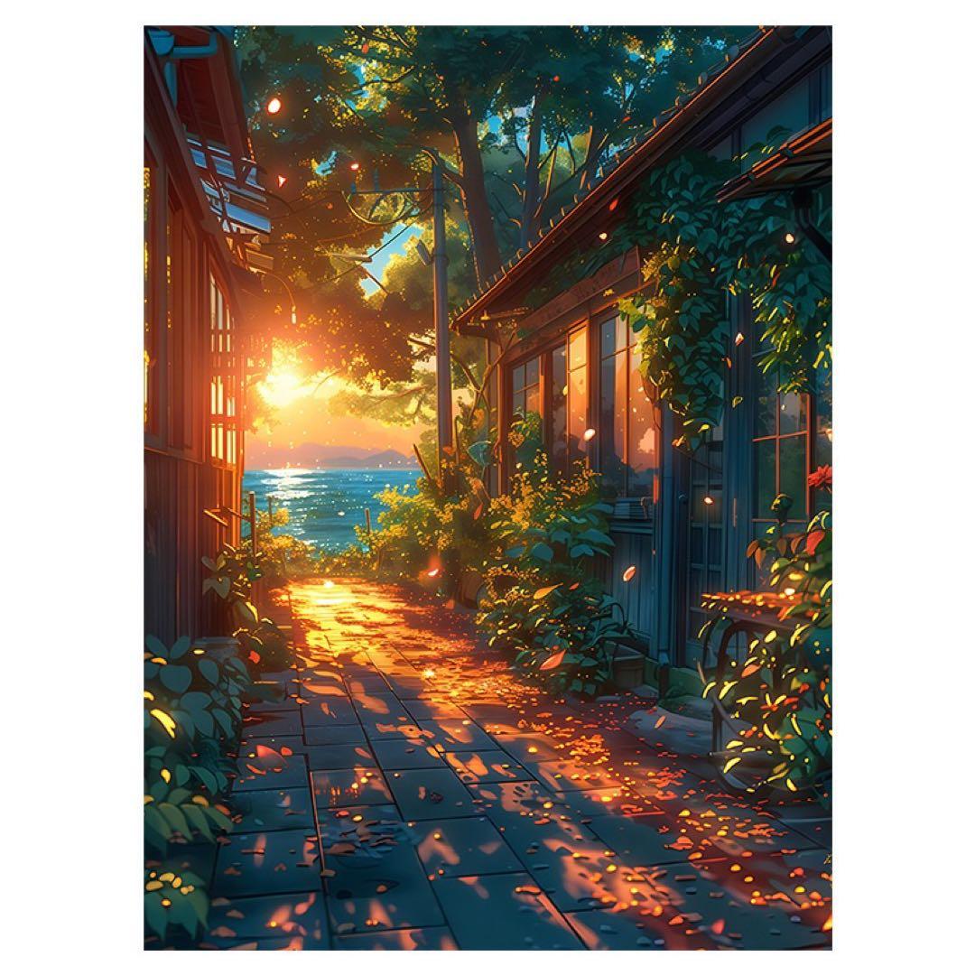 夕日と自然の風景画 A4サイズ