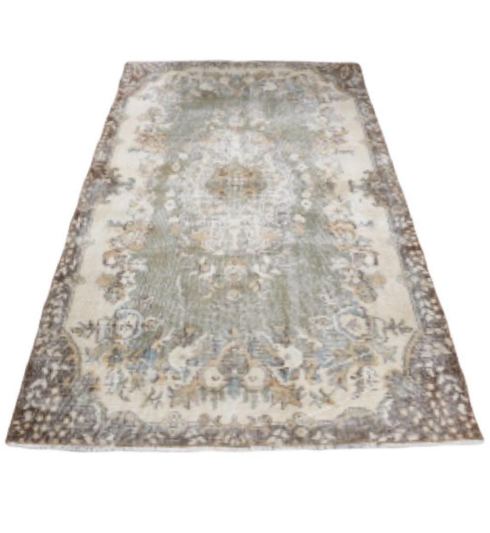 トルコヴィンテージラグ　超レア　スモーキーグリーン　193×116 ボタニカル