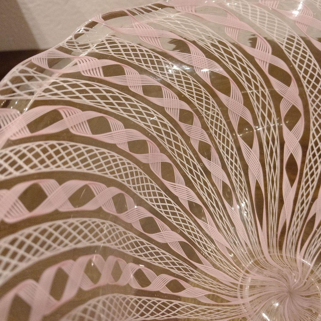 ベネチアンガラス　ムラノ　MURANO　コンポート　ピンク　レース　インテリア