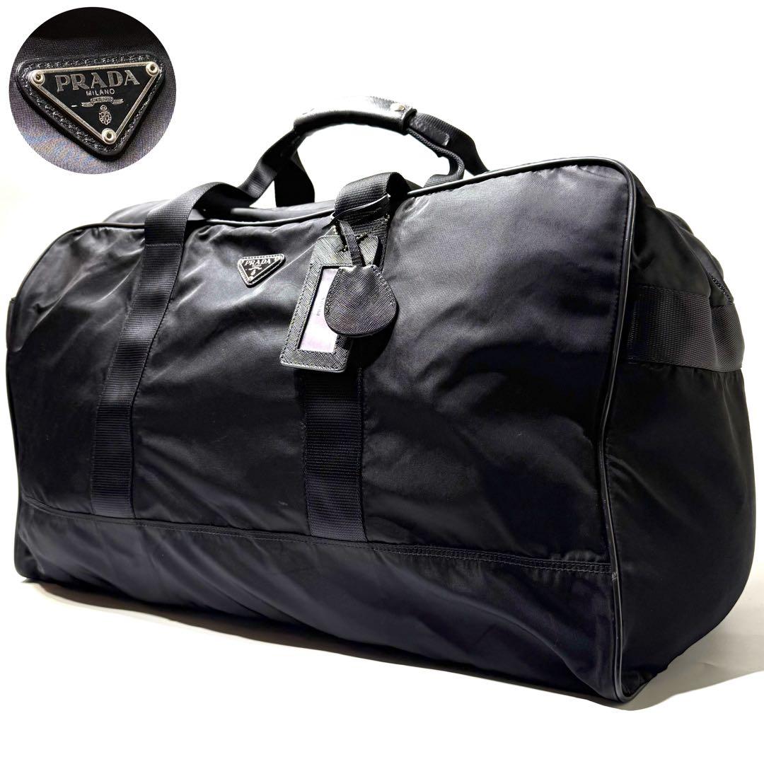 美品☆PRADA ボストンバッグ 三角ロゴ ナイロン レザー 大容量 ブラック