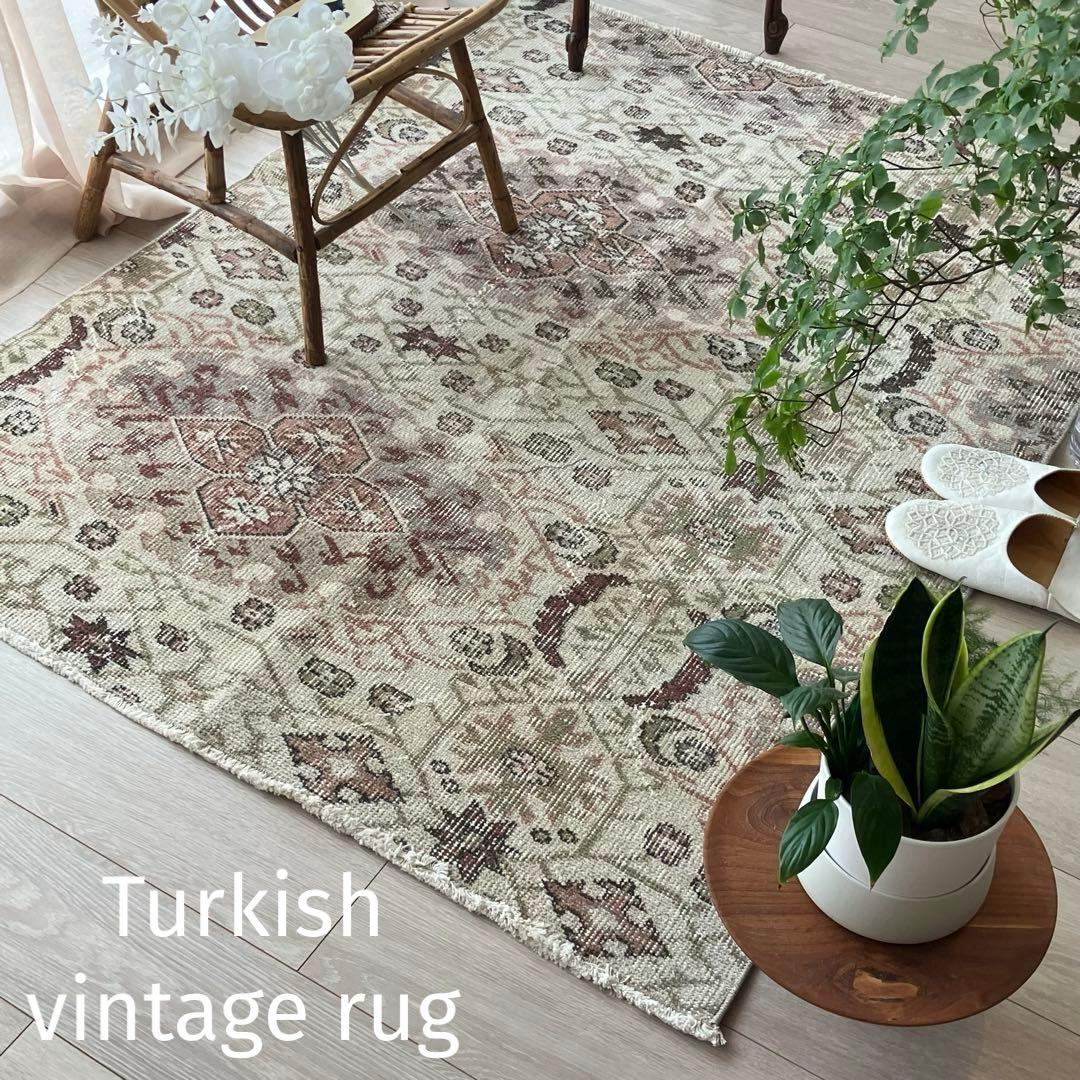 アールデコ調109×146✳︎モーブピンク　クローバー　トルコヴィンテージラグ