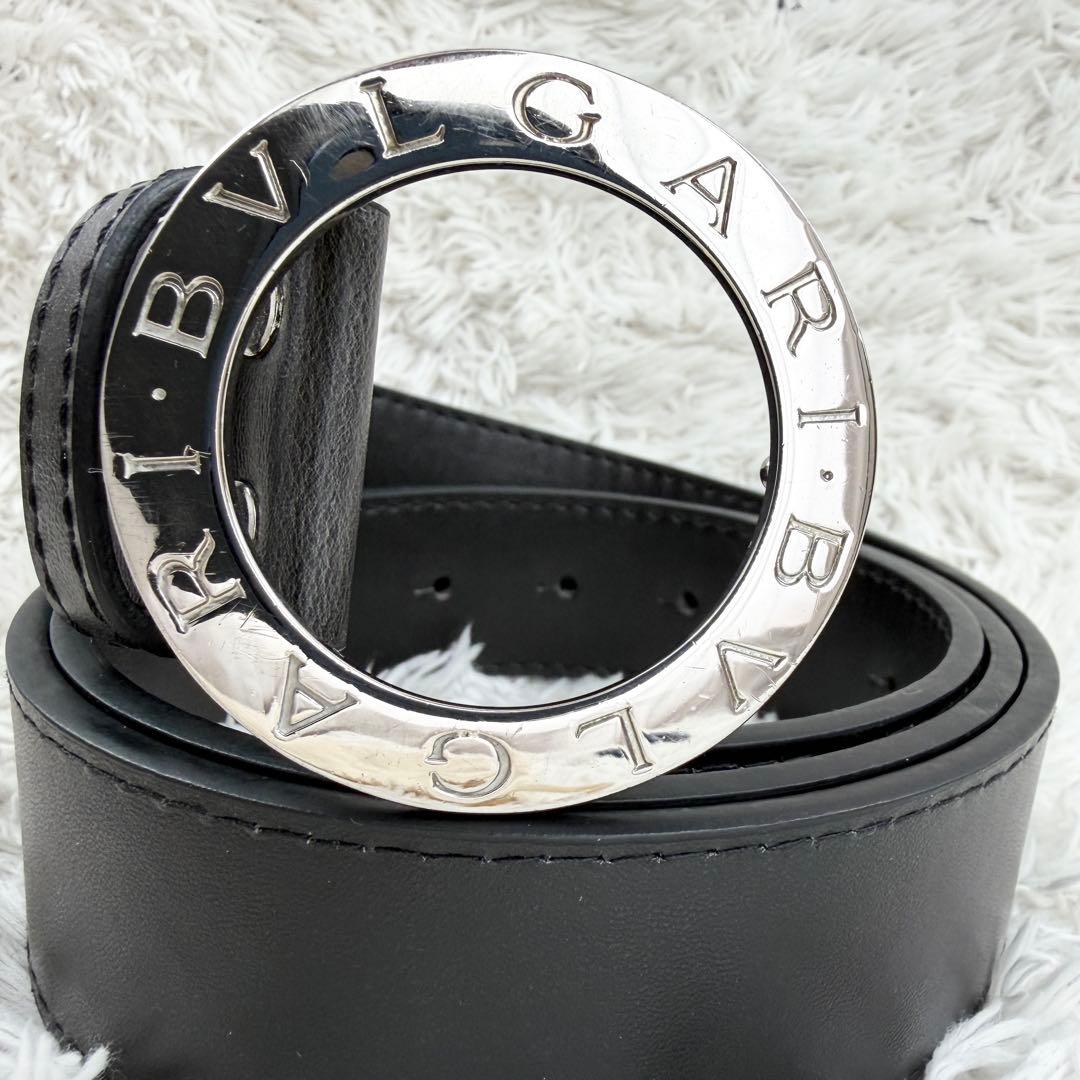 極美品✨ ブルガリ ベルト ロゴマニア サークルロゴ シルバー金具 ブラック