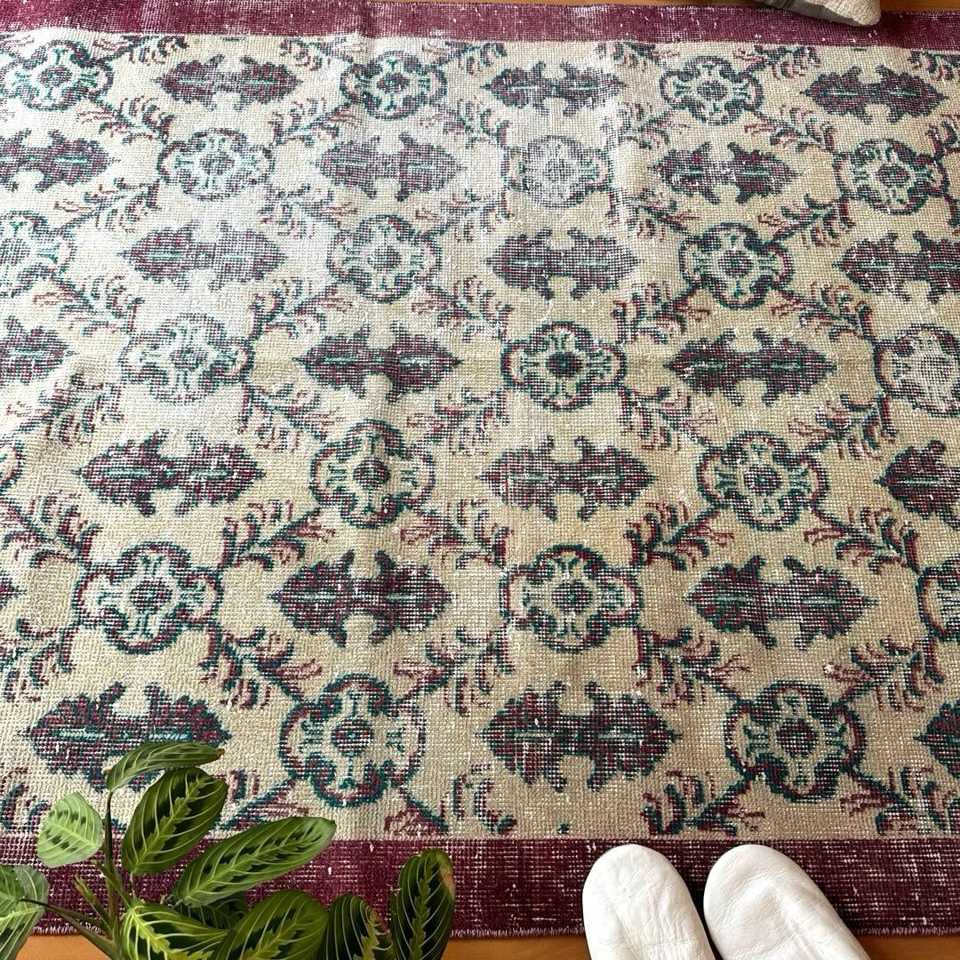 113×198レアえんじ色×グリーン 紋章ボタニカル　トルコヴィンテージラグ