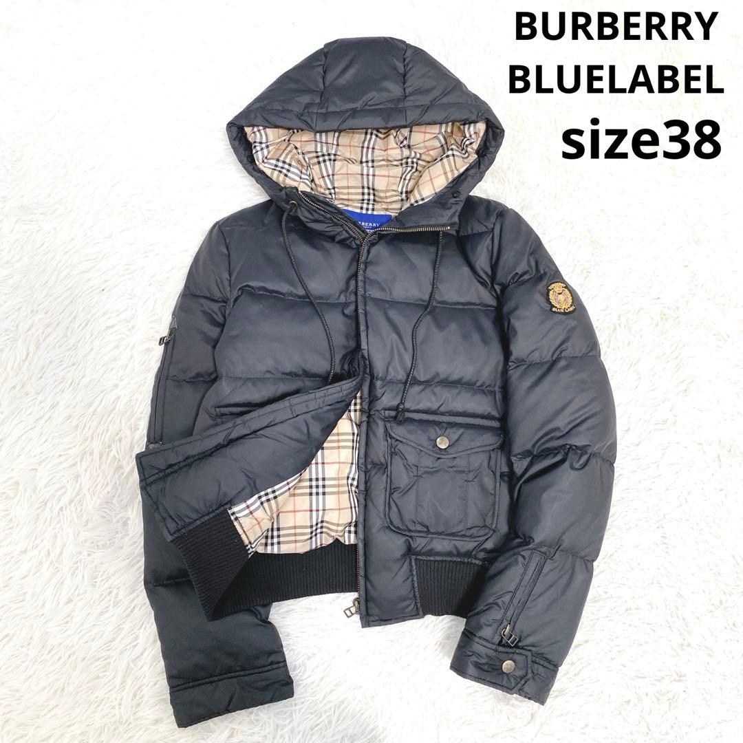 バーバリーブルーレーベル フード付きダウンジャケット ノバチェック 短丈 黒