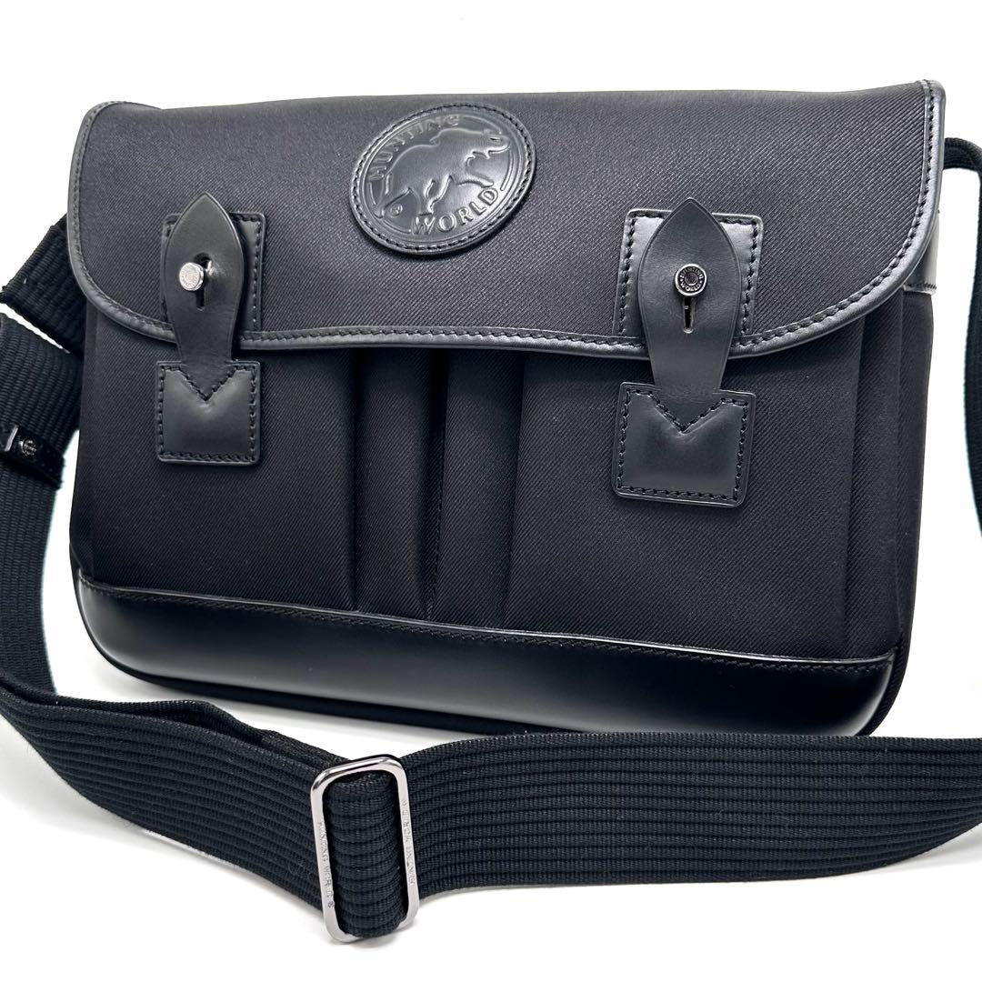 未使用級 ハンティングワールド メッセンジャーバッグ キャンバス レザー 黒
