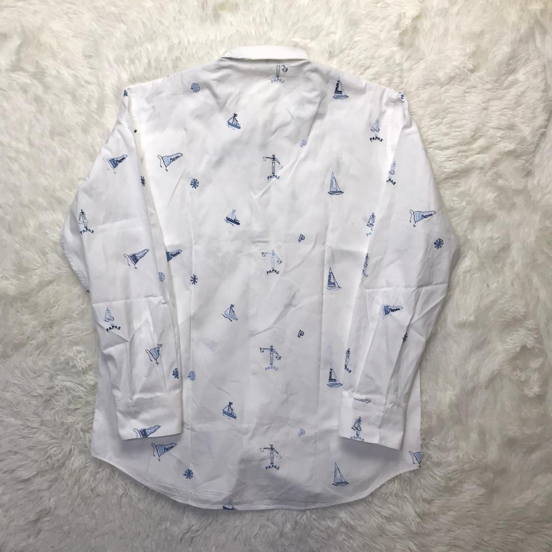 Papas ボタンダウンシャツ マリンモチーフ 刺繍 日本製 ホワイト M
