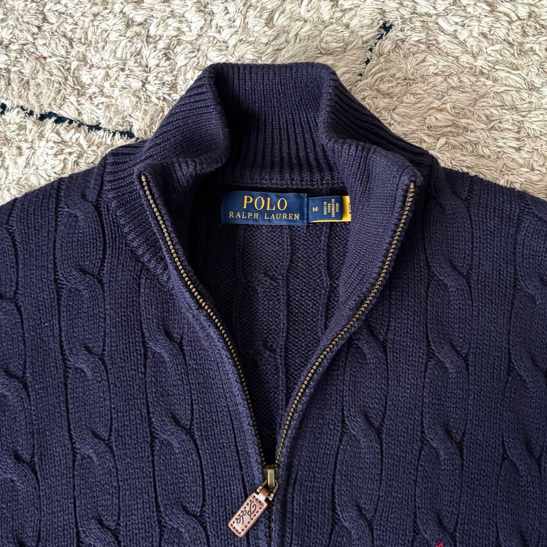 【希少✨】ポロラルフローレン　ケーブルニット　ハーフジップ　紺　大人気　刺繍　M