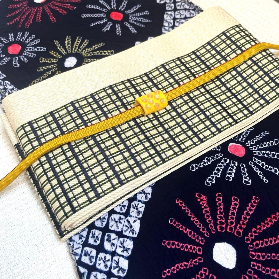 有松鳴海絞り 手蜘蛛しぼり浴衣 濃紺×白地 菊繋ぎ 一部しつけ付き 美品