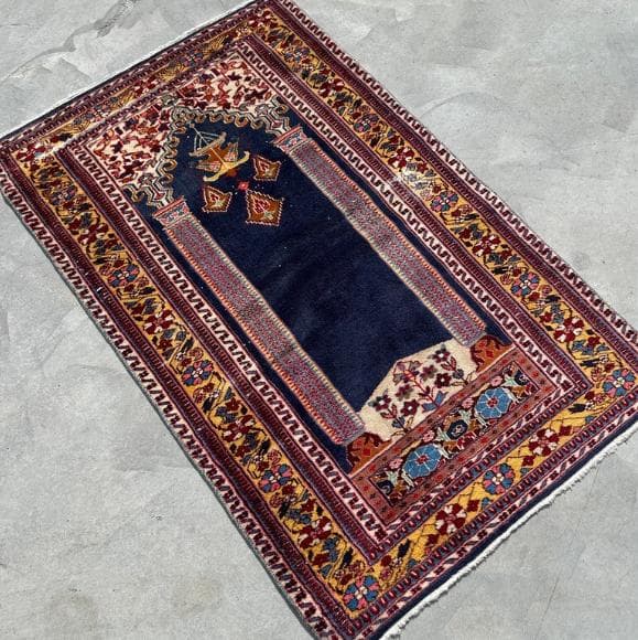 トルコ製ヴィンテージラグ838レア 高級 カイセリ ネイビー イエロー ピンク