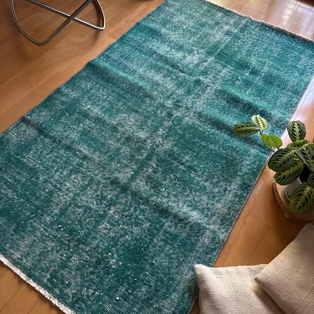 102.5×190 深みあるグリーン　ワンカラーラグ　トルコヴィンテージラグ