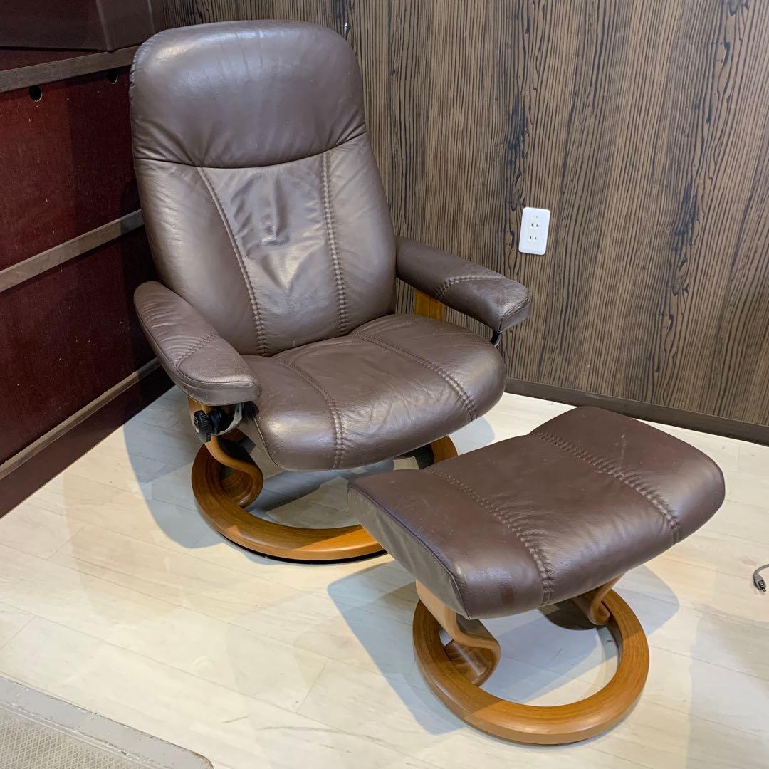 エコーネス　ブラウン レザー リクライニングチェア オットマン付き