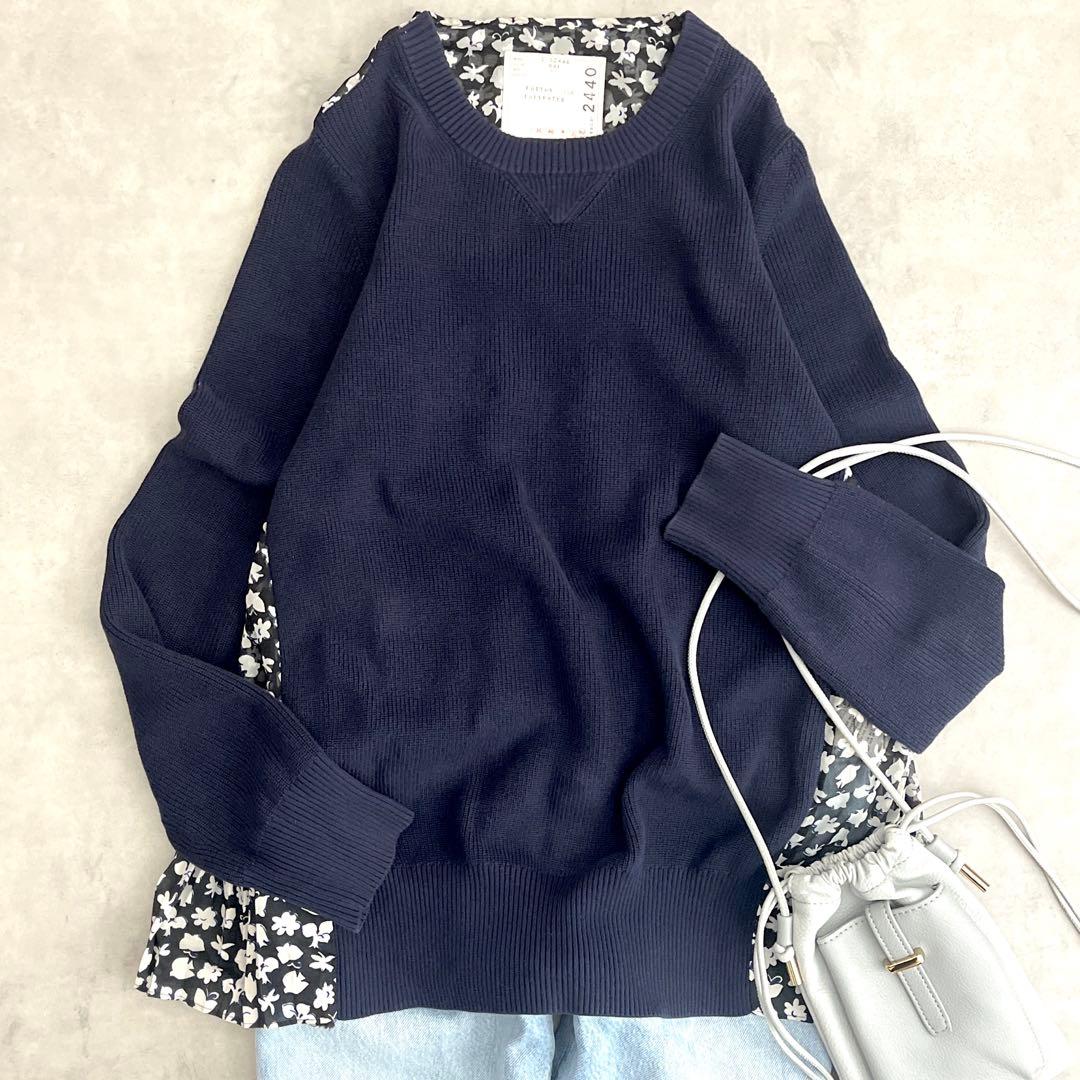sacai サカイ ニット セーター ブラウス ドッキング 花柄 ネイビー 黒