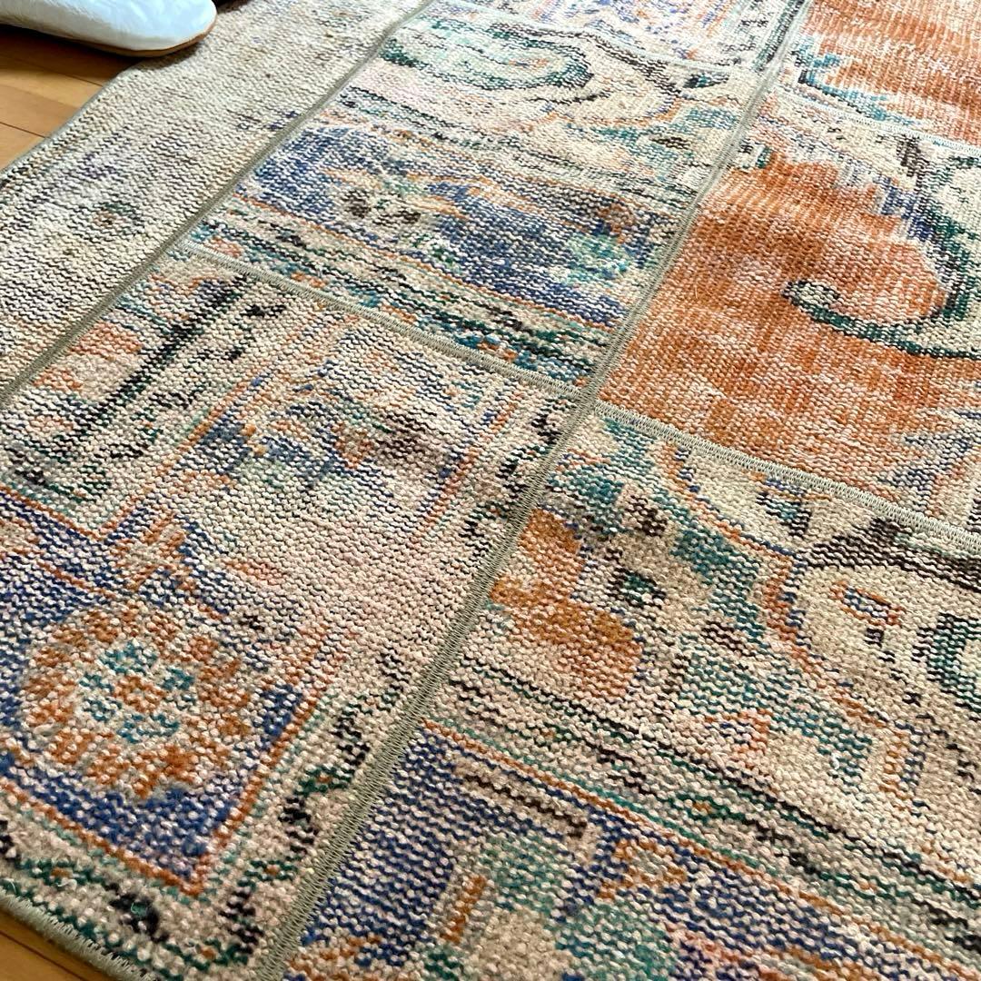 91×191優しいオレンジカラー　パッチワーク　トルコヴィンテージラグ