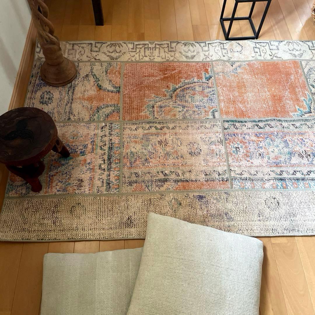91×191優しいオレンジカラー　パッチワーク　トルコヴィンテージラグ
