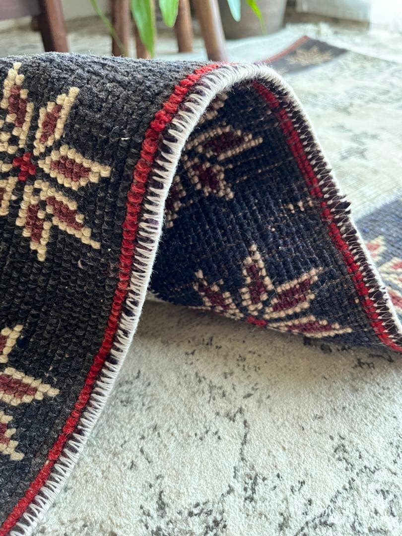 パッチワーク トルコヴィンテージラグ　深みネイビー×ベージュ　トルコラグ