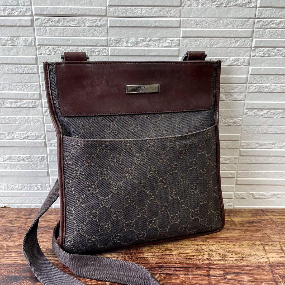 グッチ GGキャンバス × レザー ショルダー バッグ メッセンジャー.