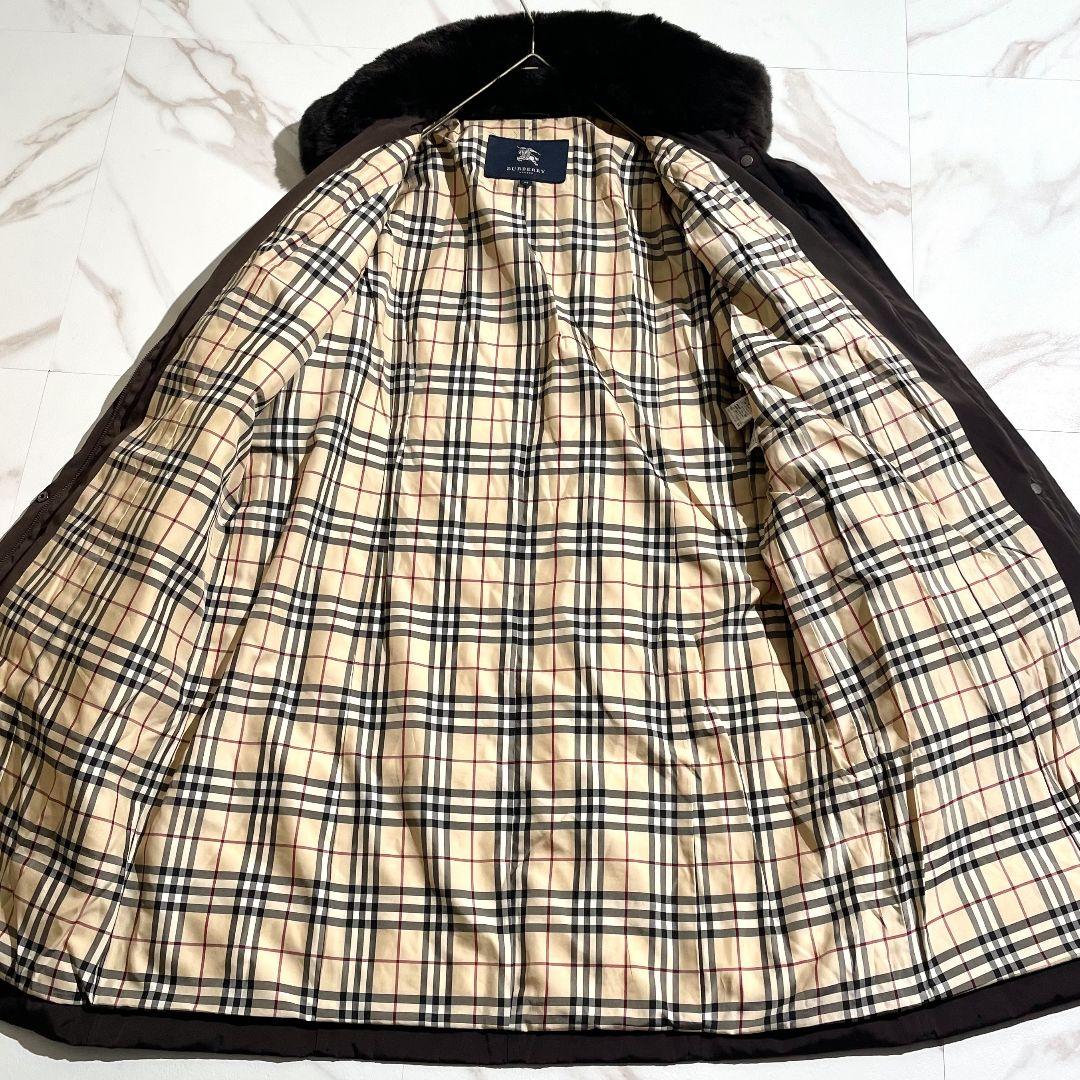 美品！バーバリーロンドンダウンコートノバチェックラビットファーフード着脱可 44