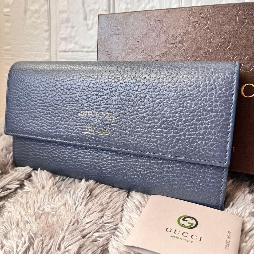 極美品✨GUCCI スウィング　長財布　シボレザー　くすみネイビー　メンズ