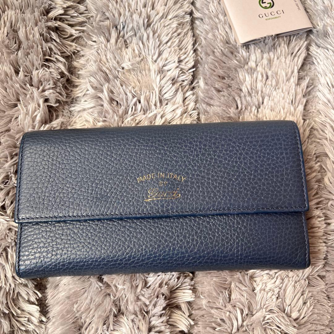 極美品✨GUCCI スウィング　長財布　シボレザー　くすみネイビー　メンズ