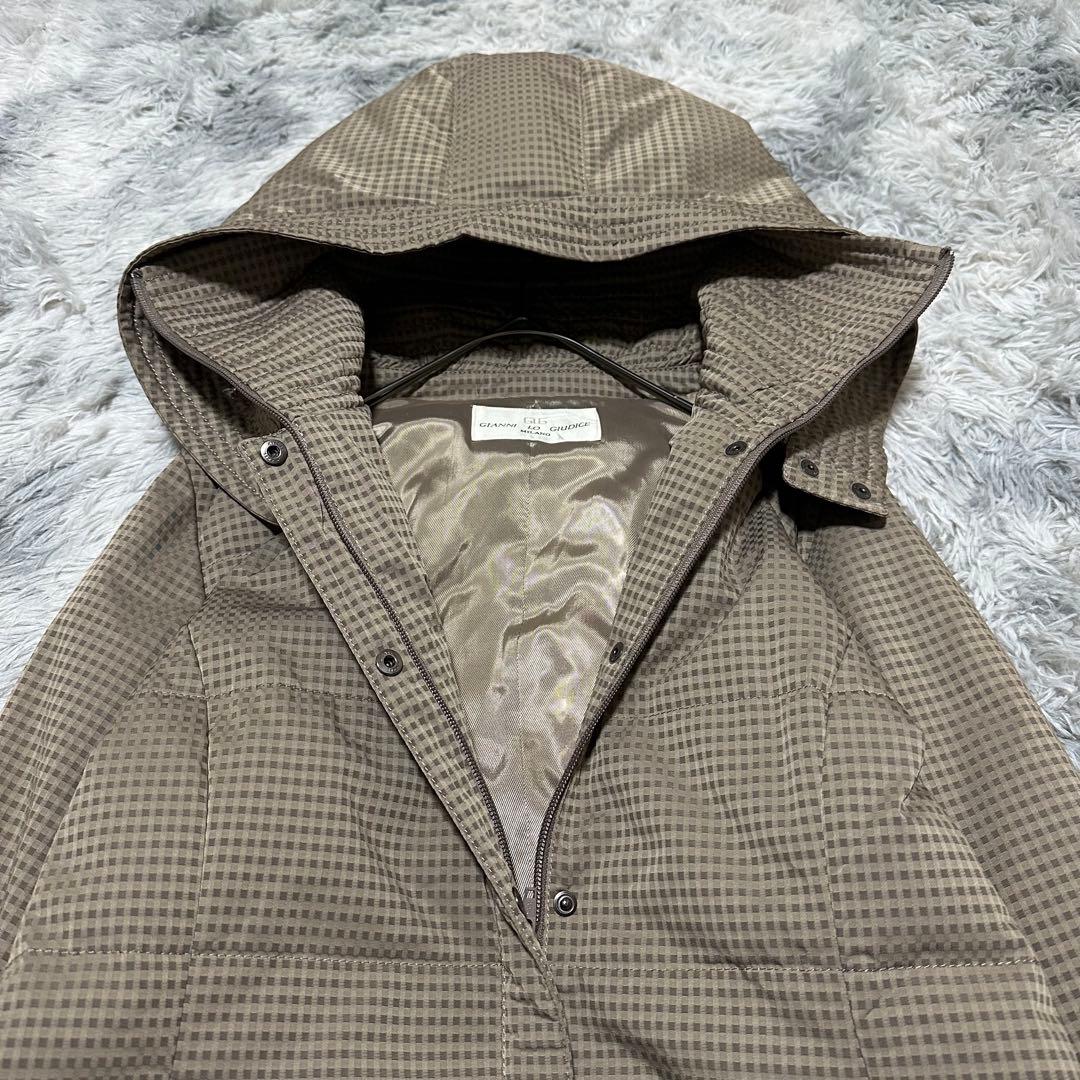 【ジャンニロジュディチェ】ロングダウンコート ベージュ チェック柄 L【極美品】