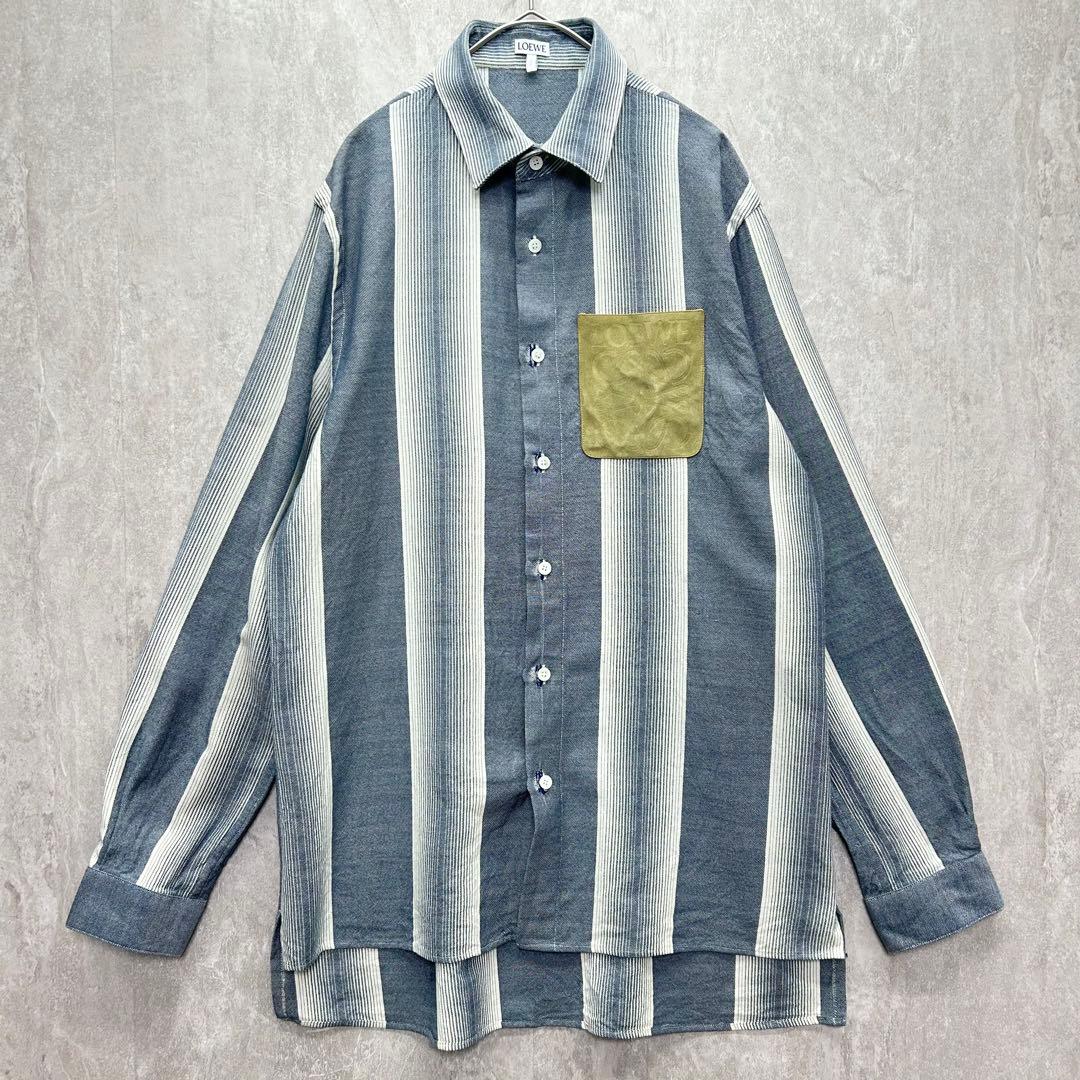【名作】LOEWE ロエベ アナグラム スエードポケット ストライプシャツ 39