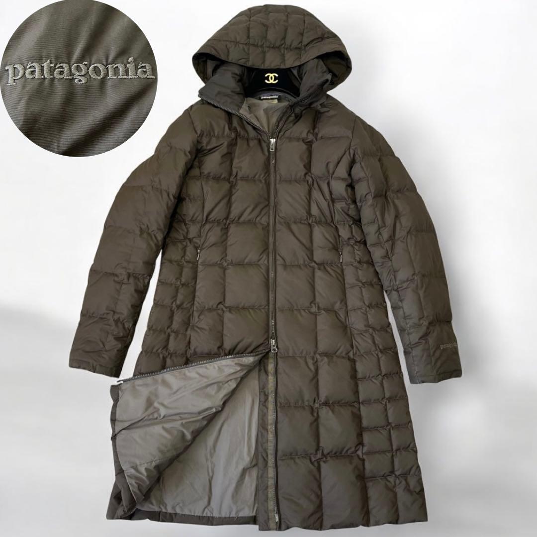 Patagonia パタゴニア 袖刺繍 フード付 ロング ダウンコート カーキ