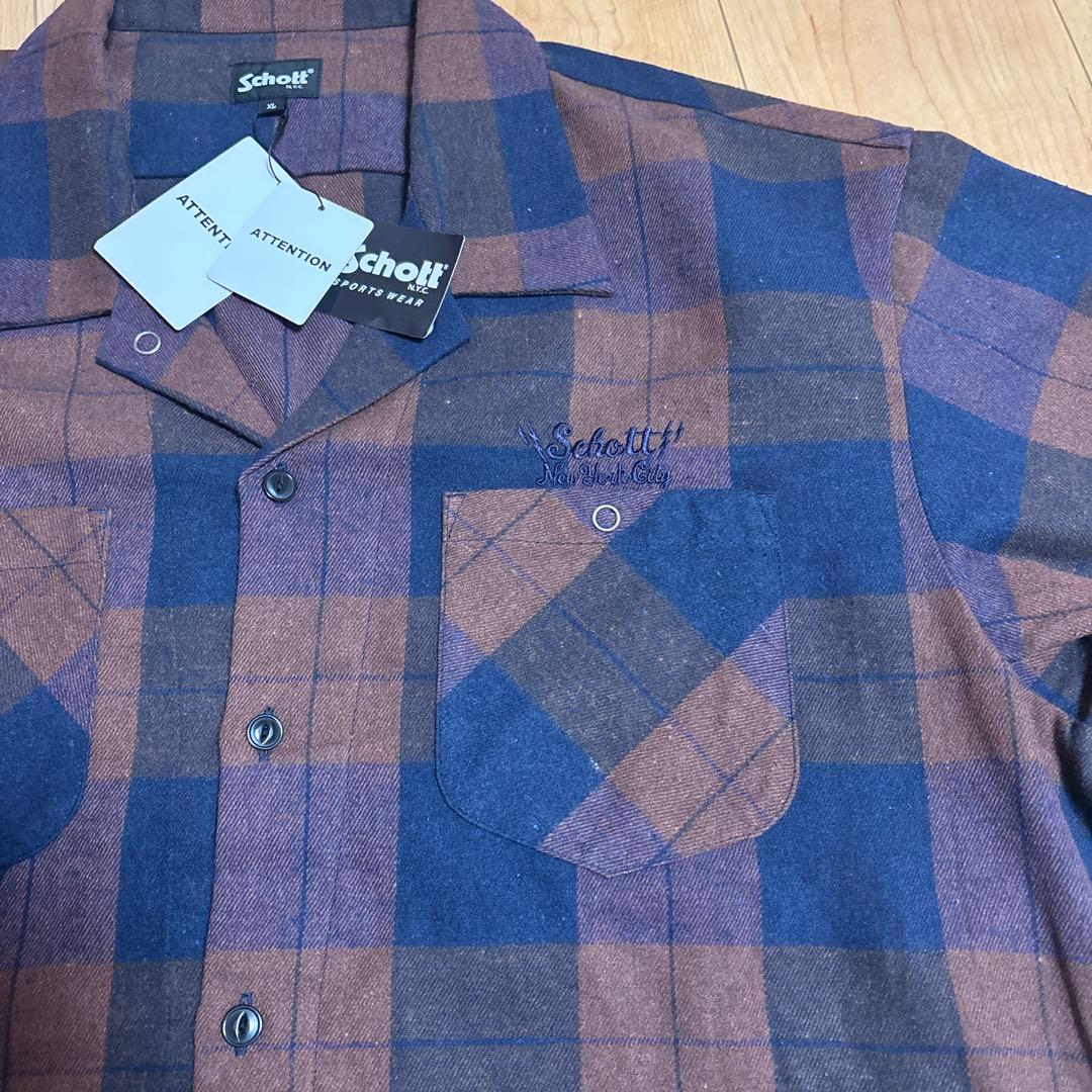 Schott XL 長袖シャツ ブラウン・ネイビーチェック