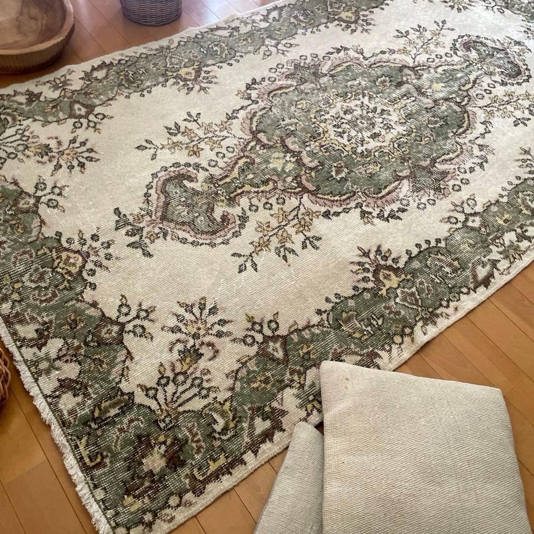 115×206 モスグリーン×クリーム　メダリオン　トルコヴィンテージラグ
