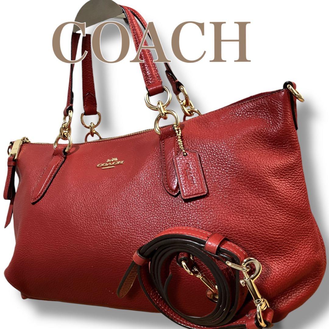 コーチ 良品 2way 斜め掛け可 馬車金具 シボレザー ハンドバッグ レッド系