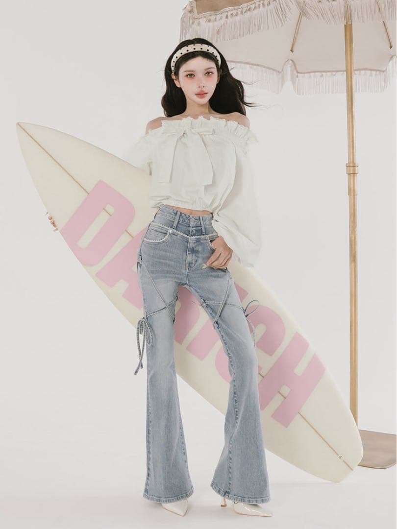 Darich ダーリッチ　ピコレースハイウエストフレアデニム