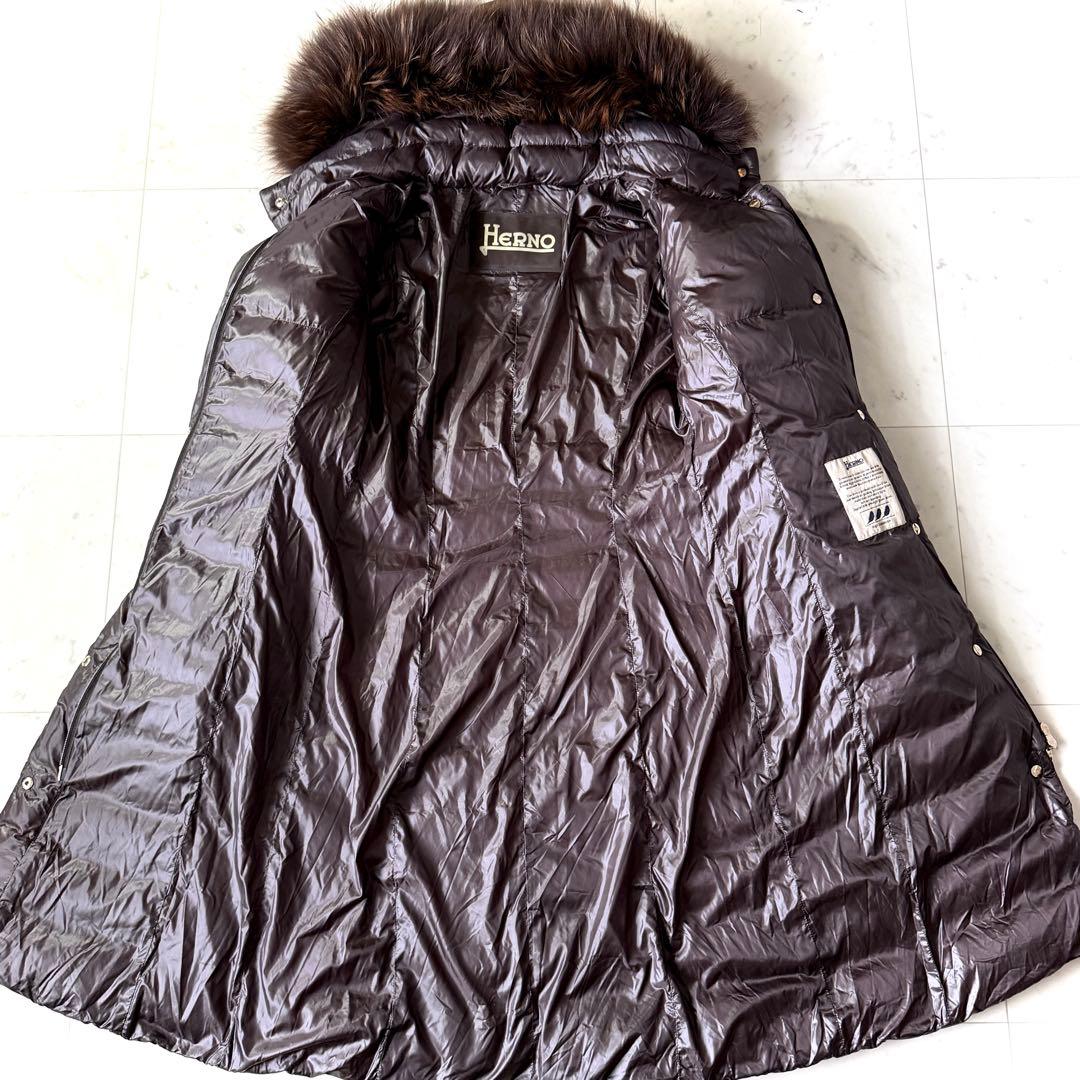 人気 ヘルノ HERNO フードファー＆ベルト付き ロングダウンコート ブラウン