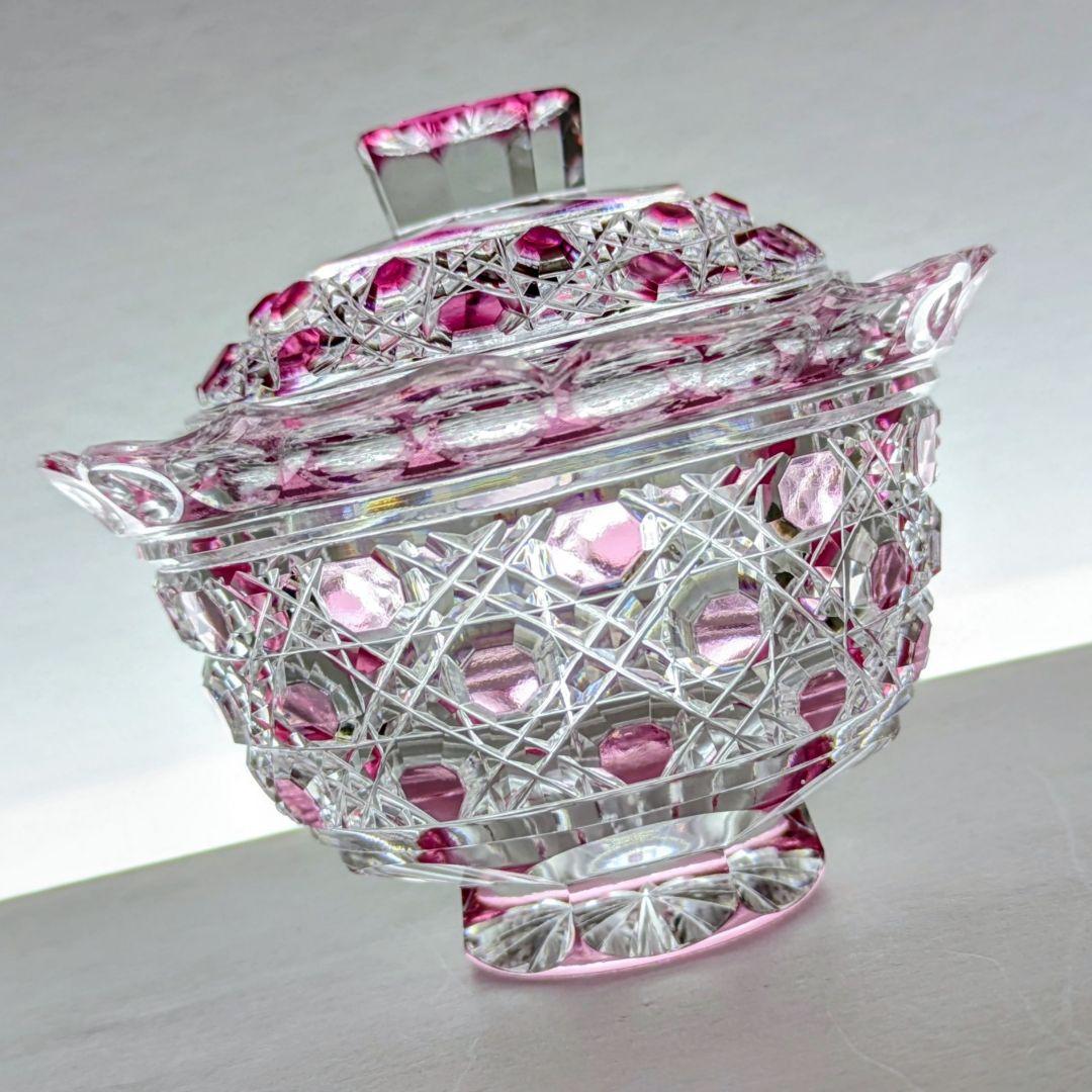 江戸切子　堀口硝子✩秀石　金赤色被せ　八角籠目 蓋物　【 美品 】