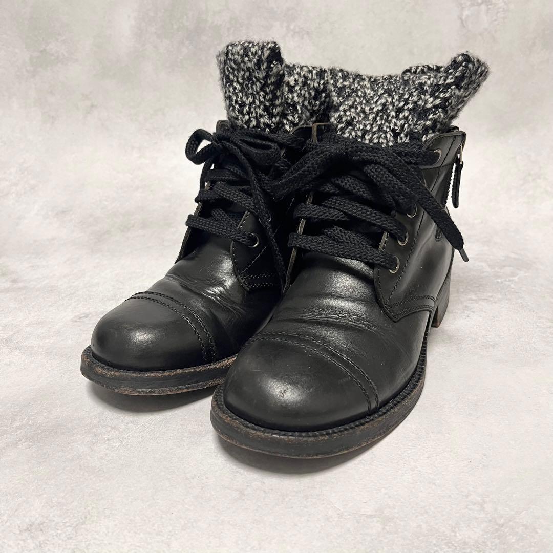 CHANEL ショートブーツ　ココマーク刺繍　サイドジップ　ツイード×レザー