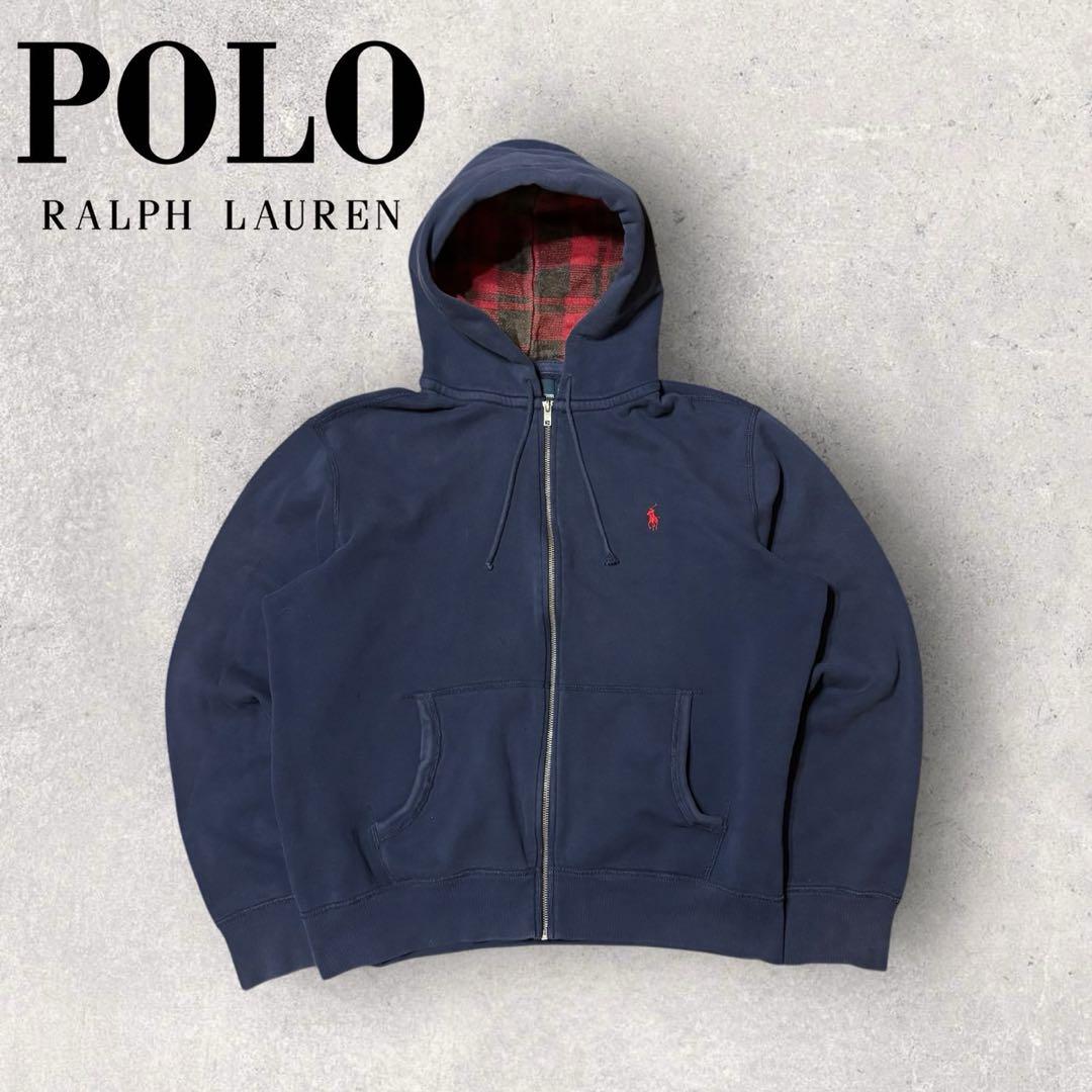 【ポロラルフローレン】ジップパーカー　ネイビー　XL 裏地サーマル　90s p