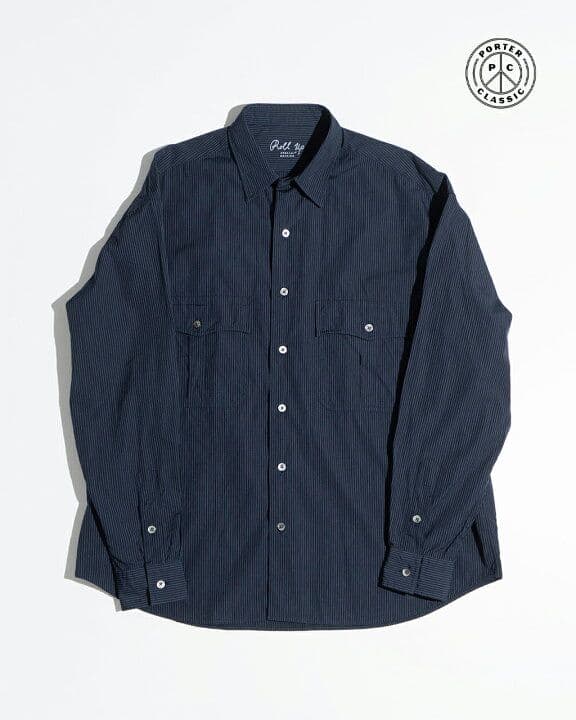 希少　ポータークラシック ロールアップシャツ ピンストライプ ネイビー