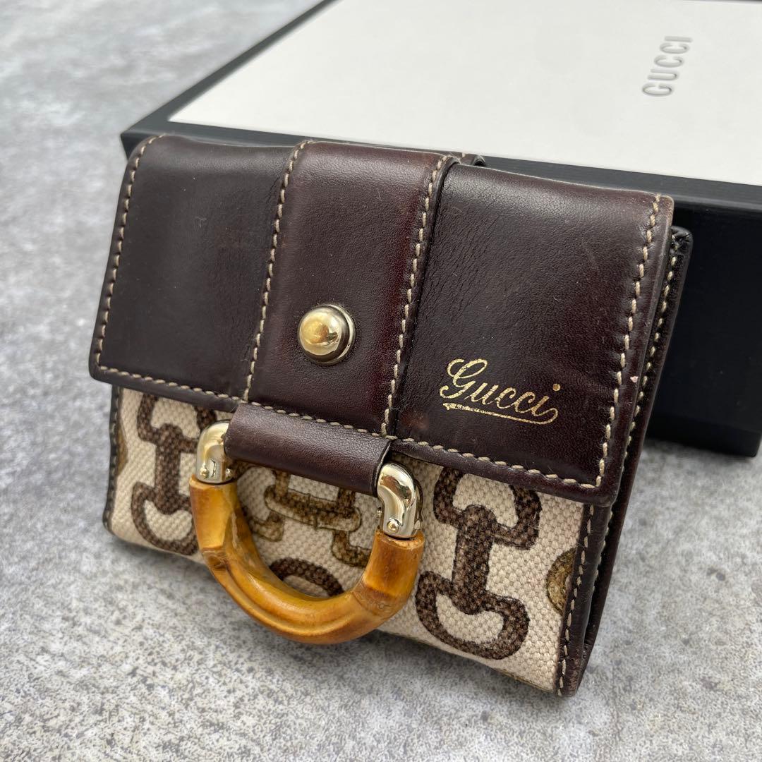 GUCCI グッチ 二つ折り財布 バンブー カーフ キャンバス ゴールド金具