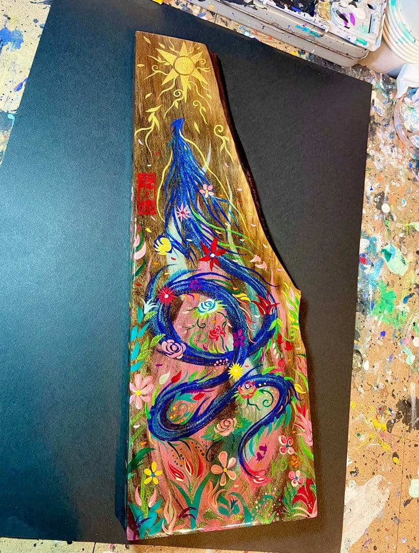 開運絵画 煌びやかな花龍 一点物 アクリル画 龍神 置き物 龍ノツカイ