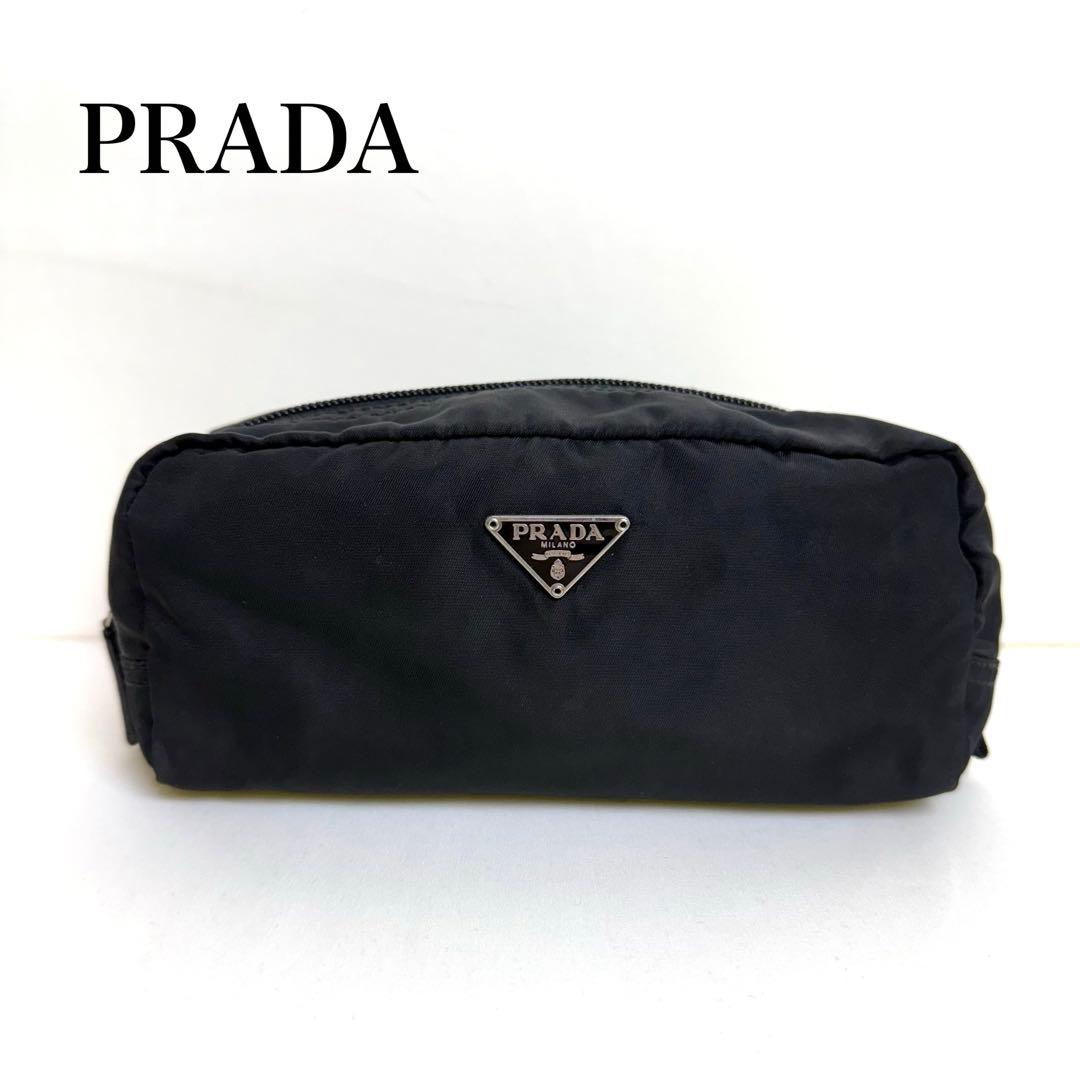 PRADA ポーチ　化粧ポーチ　三角ロゴ　テスートナイロン　白タグ　黒