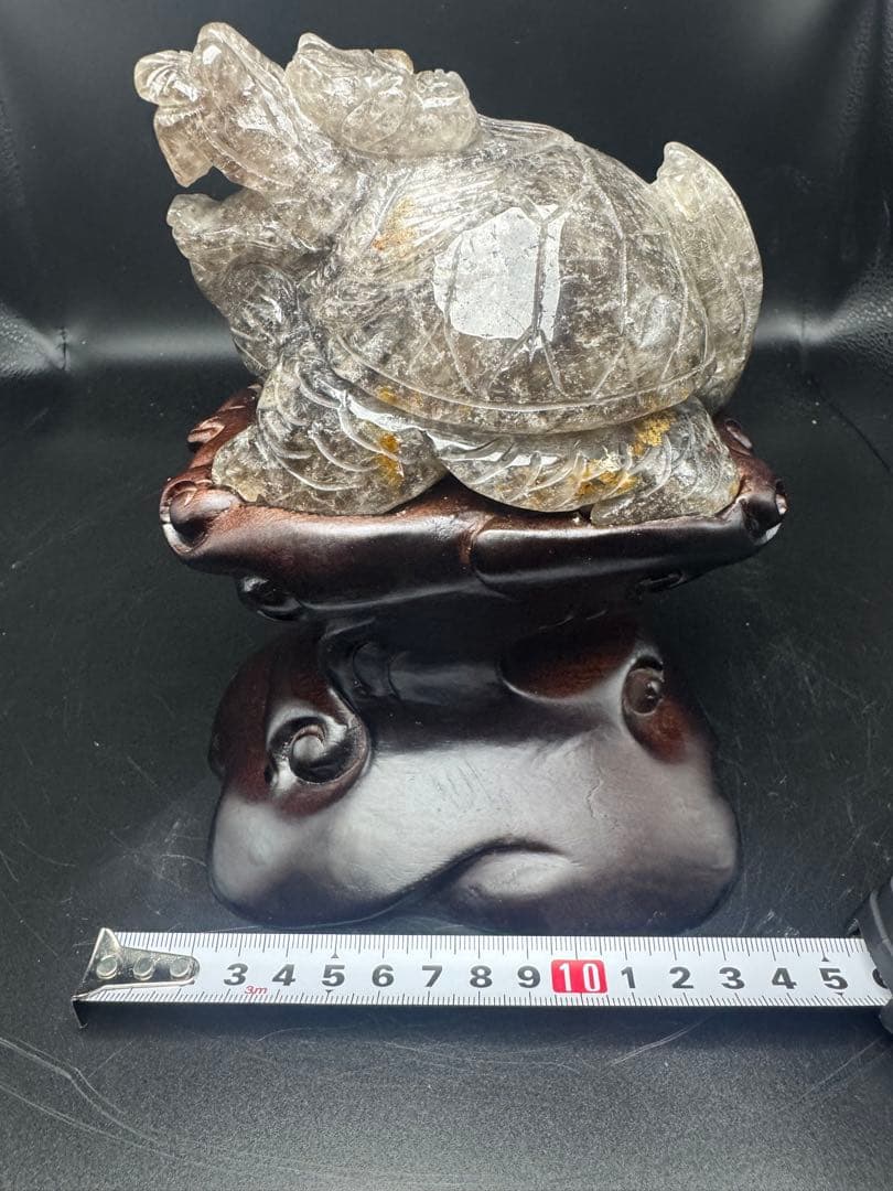 モリオン龍亀　天然石　台座付き　カービング