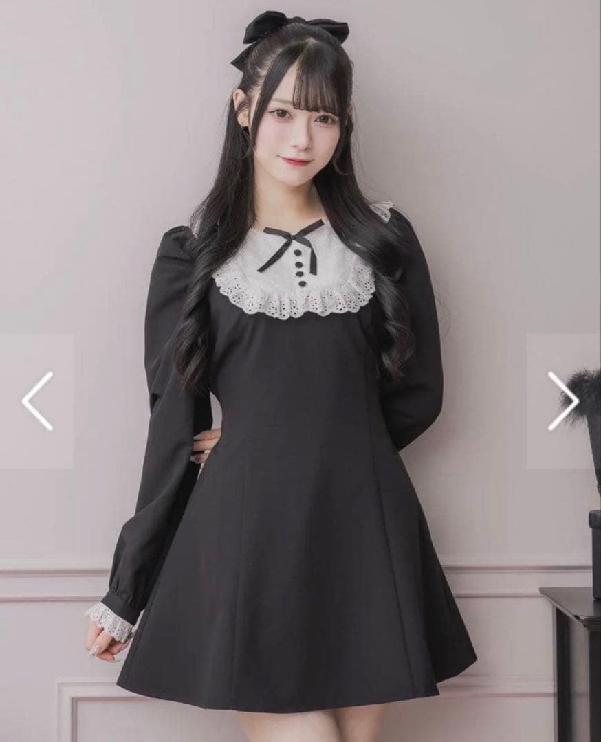 pium コットンレース長袖カフェワンピース ブラック 黒