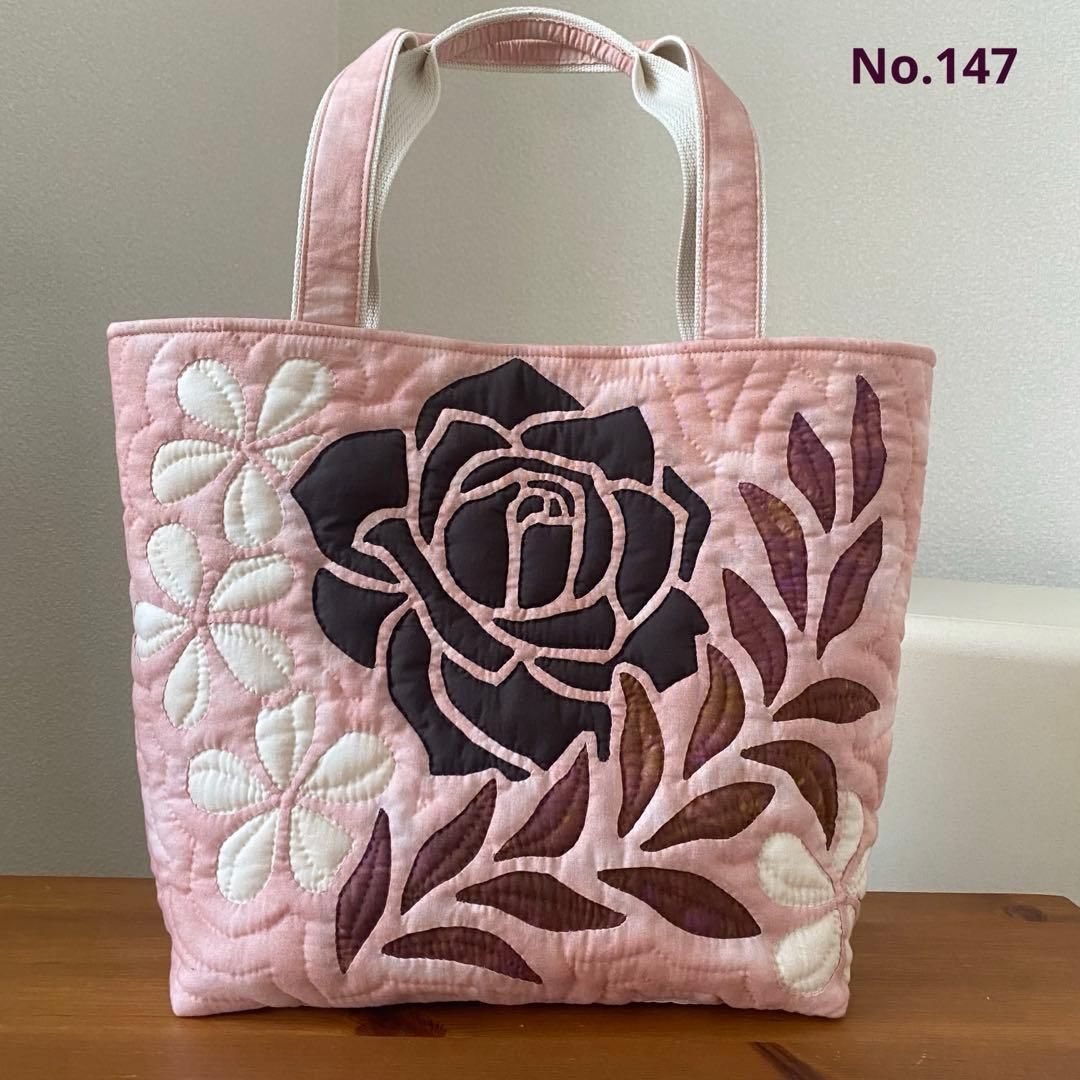 ハワイアンキルト◆トートバッグ◆プルメリア、バラ◆ハンドメイド