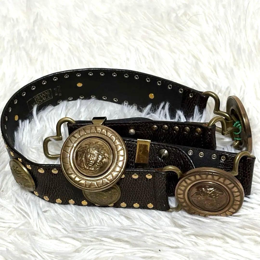 超希少✨ヴェルサーチ　ベルト　メデューサ　ハラコ　スタッズ　ブラウン