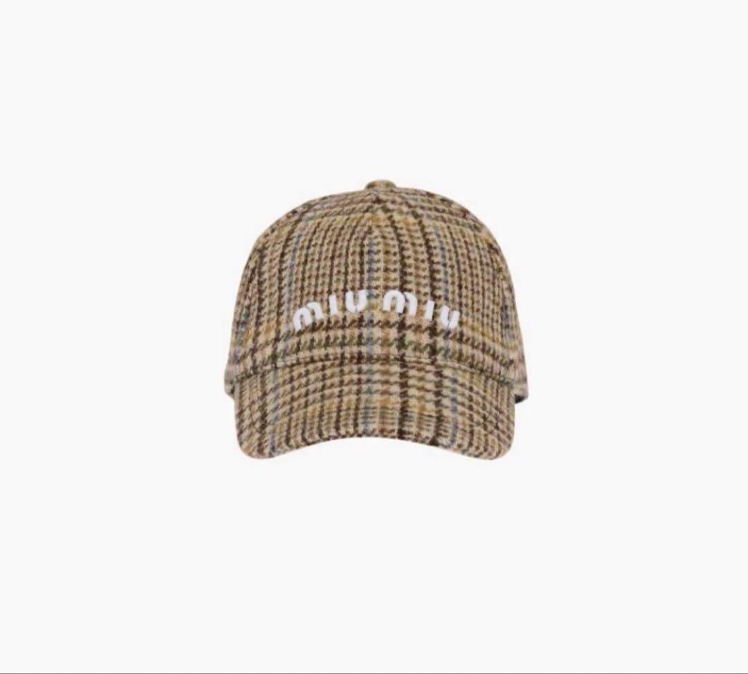 miumiu 2022-23 チェック ウール 刺繍ロゴ キャップ 帽子