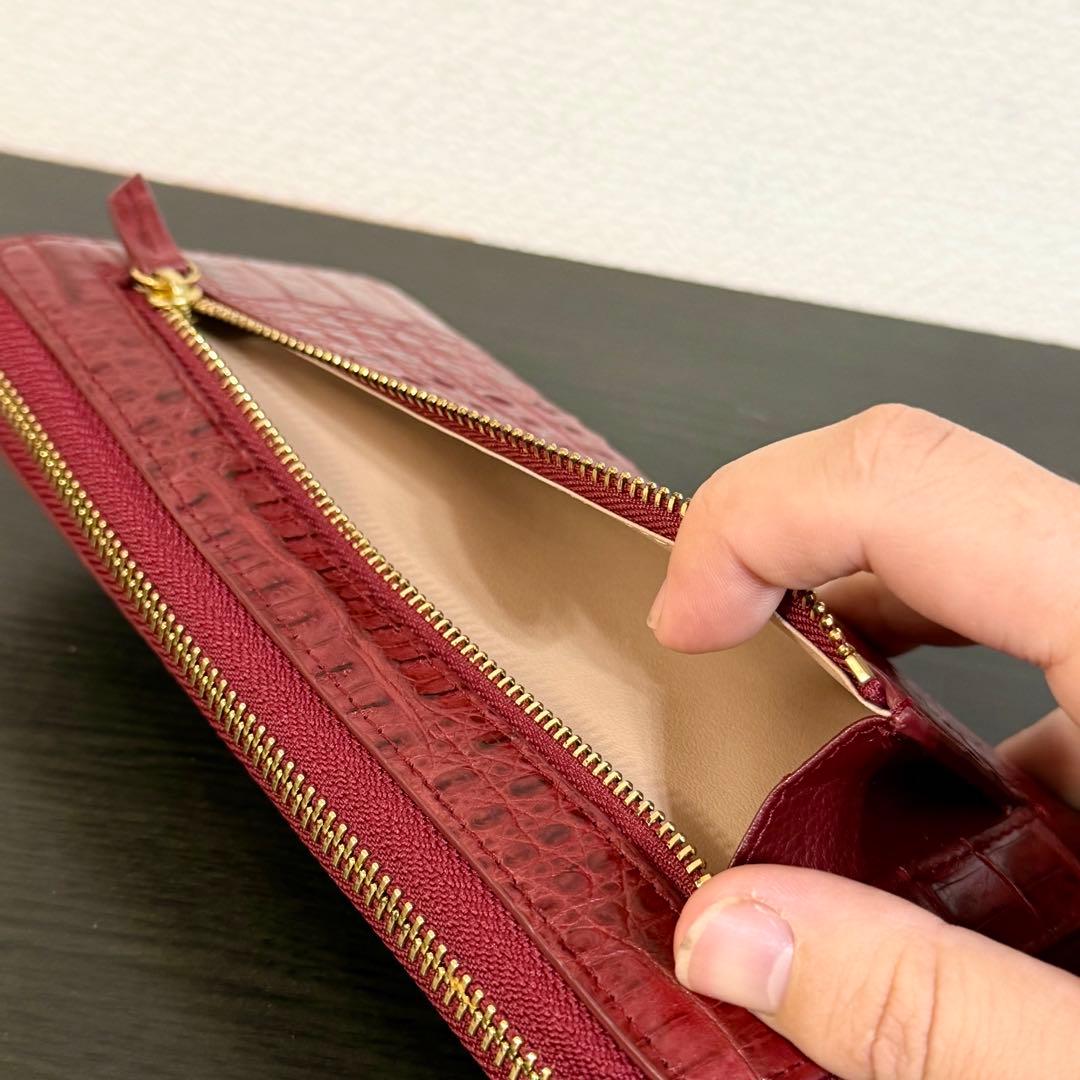 未使用品 カイマンクロコダイル一枚革 長財布 ロングウォレット メンズ レッド